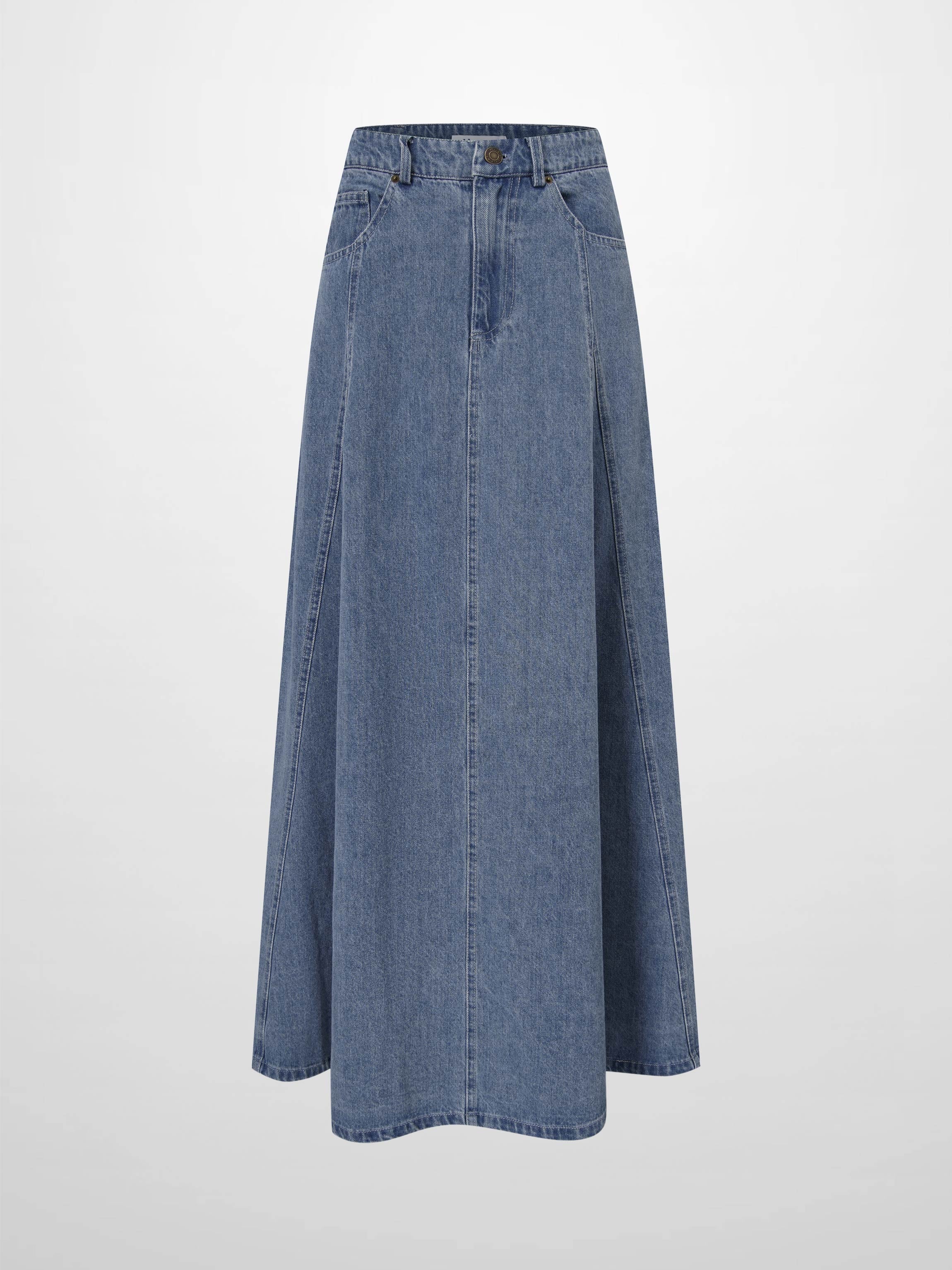 Seamed Full Denim Skirt-Light Blue