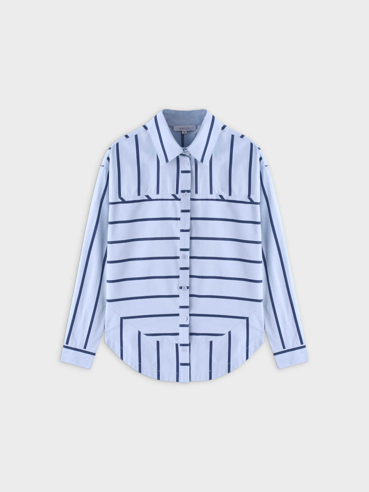 Rounded Hem Button Down Shirt-Light Blue/Navy