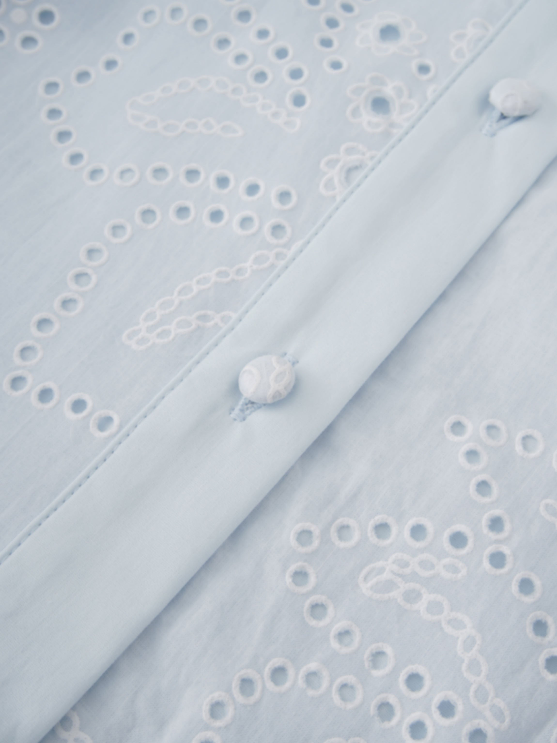 Eyelet Belted A-Line  Shirtdress-Light Blue