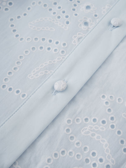 Eyelet Belted A-Line  Shirtdress-Light Blue