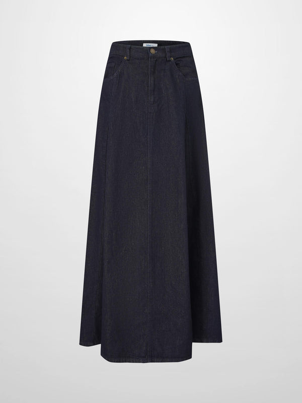 Seamed Full Denim Skirt-Dark Blue