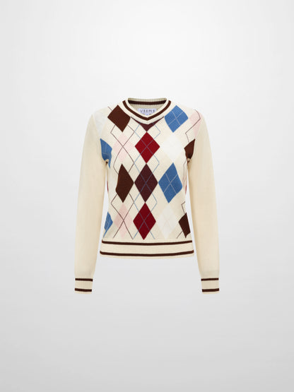 V Neck Argyle Sweater - Cream