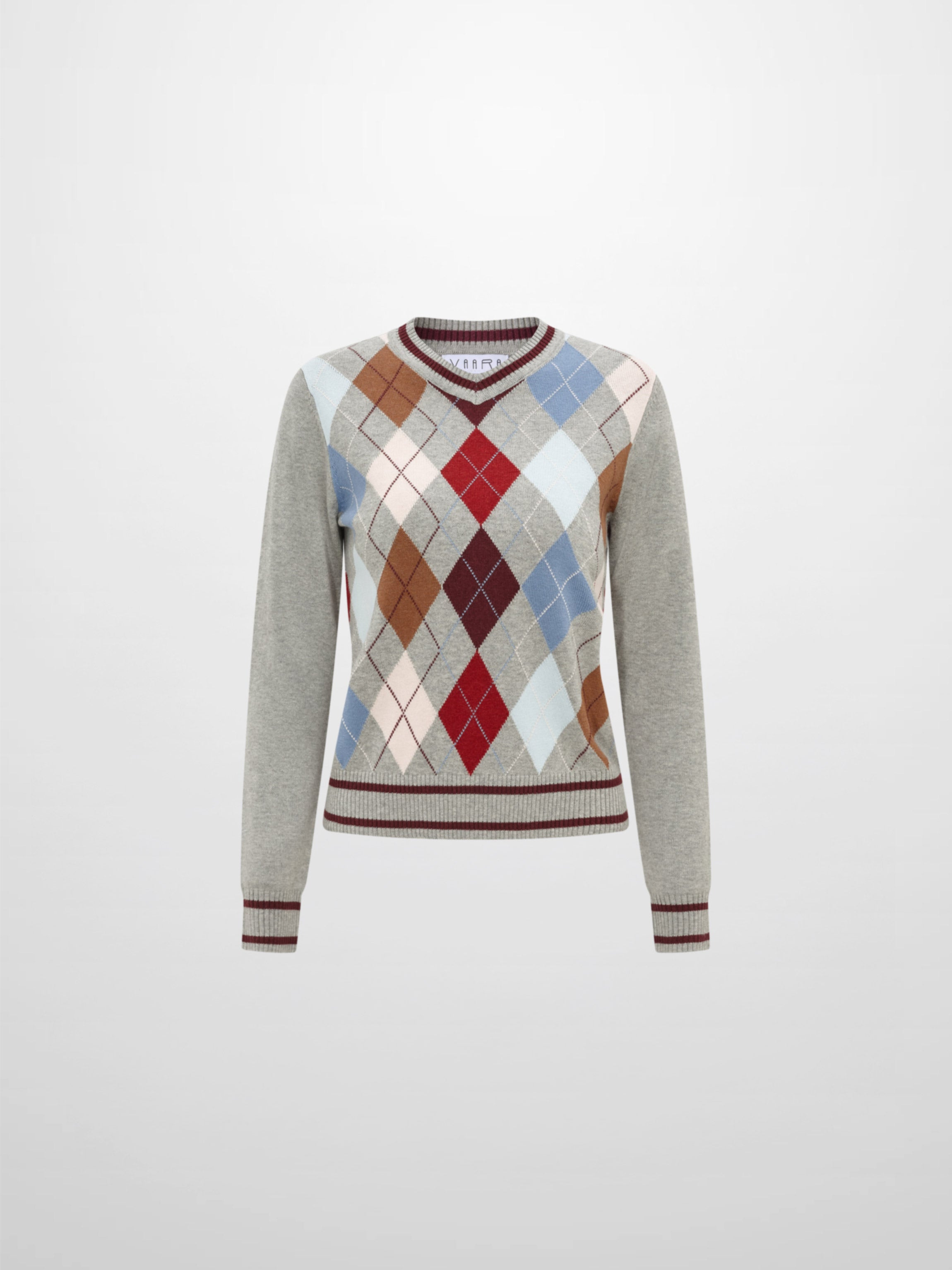 V Neck Argyle Sweater - Grey
