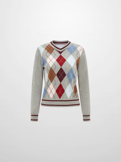 V Neck Argyle Sweater - Grey