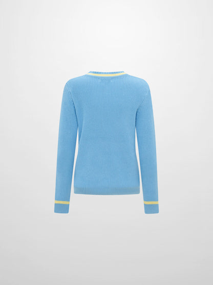 V Neck Varsity Sweater - Light Blue/Yellow