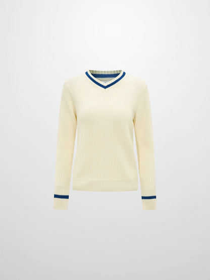 V Neck Varsity Sweater - Cream/Cobalt Blue