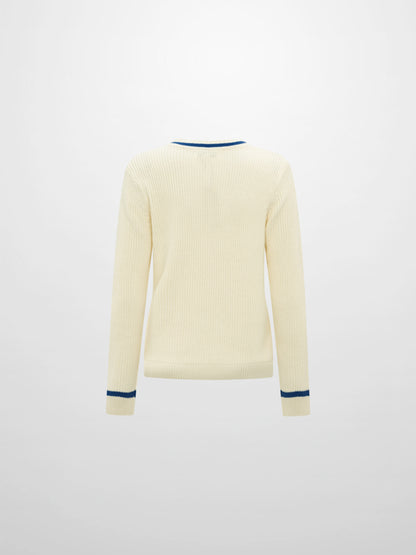 V Neck Varsity Sweater - Cream/Cobalt Blue