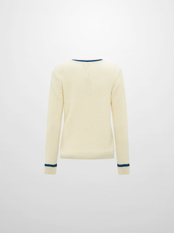 V Neck Varsity Sweater - Cream/Cobalt Blue
