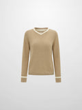 V Neck Varsity Sweater - Tan/Cream