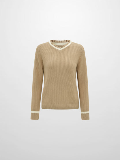 V Neck Varsity Sweater - Tan/Cream