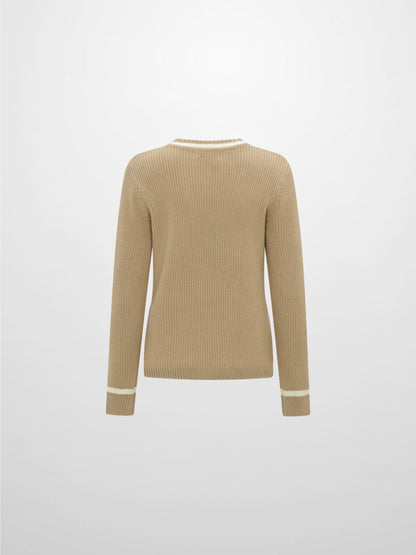 V Neck Varsity Sweater - Tan/Cream