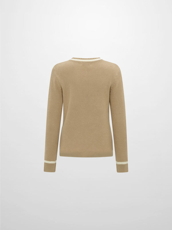 V Neck Varsity Sweater - Tan/Cream