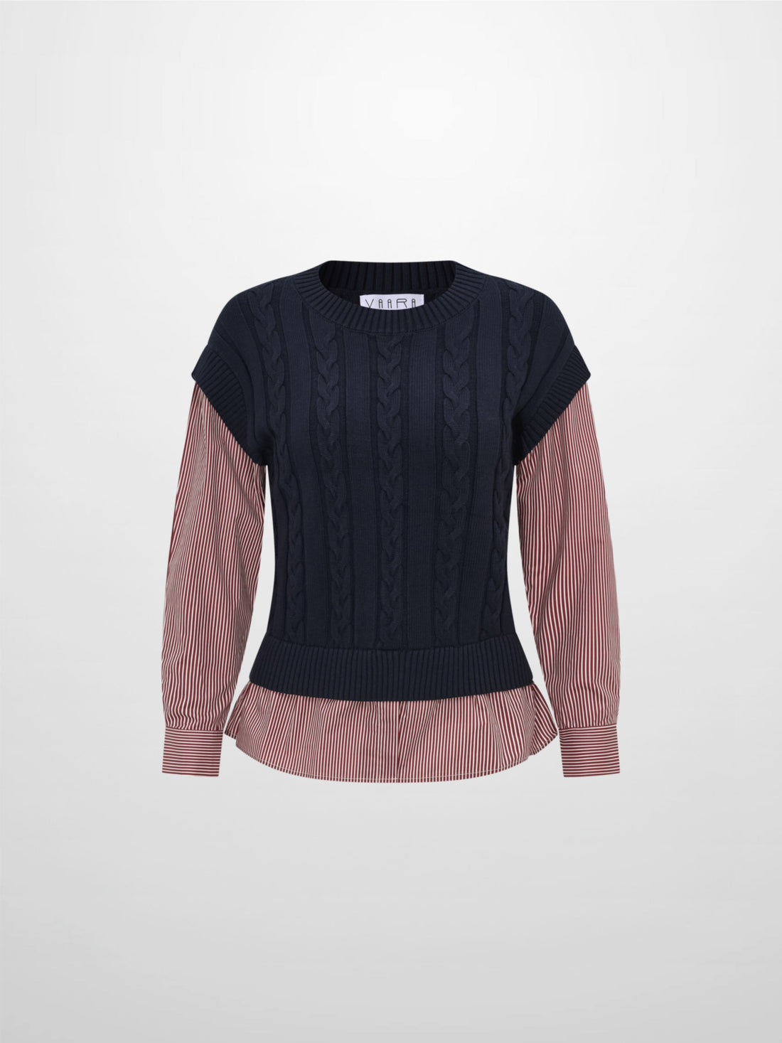 Striped Shirt Detail Sweater - Navy/Burgundy Stripe