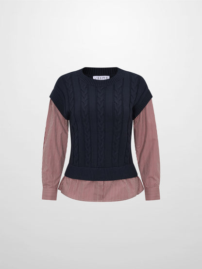 Striped Shirt Detail Sweater - Navy/Burgundy Stripe