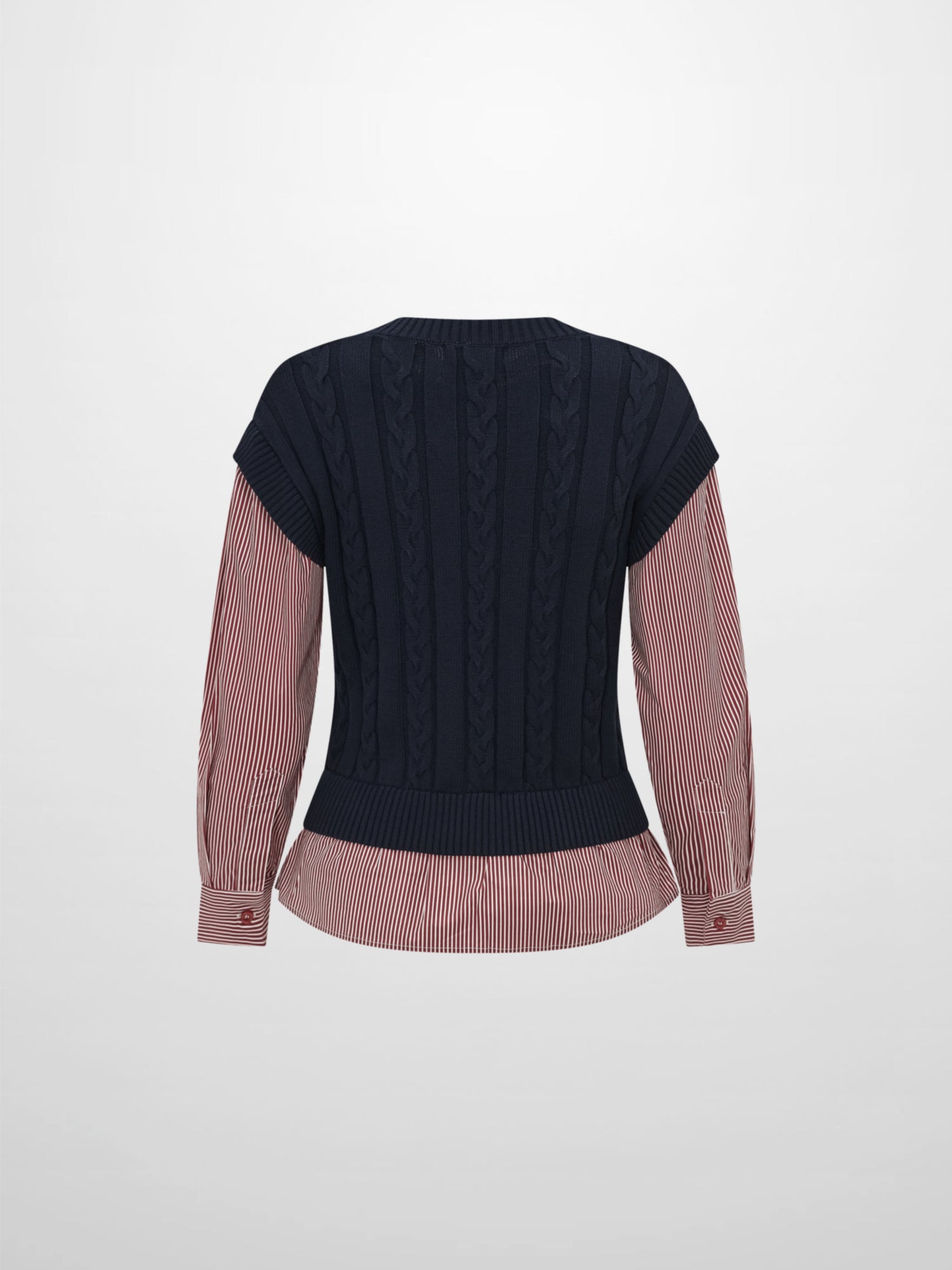 Striped Shirt Detail Sweater - Navy/Burgundy Stripe