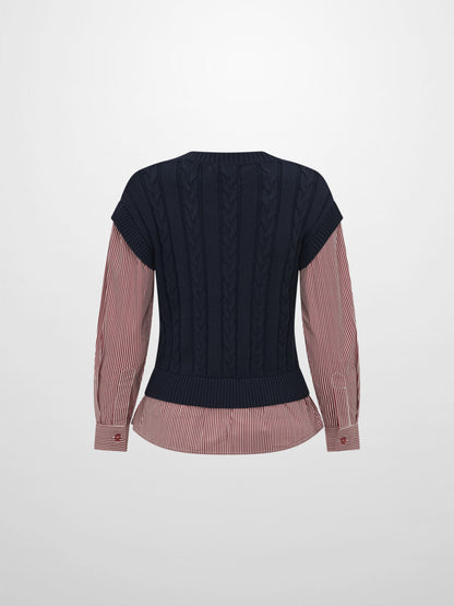 Striped Shirt Detail Sweater - Navy/Burgundy Stripe