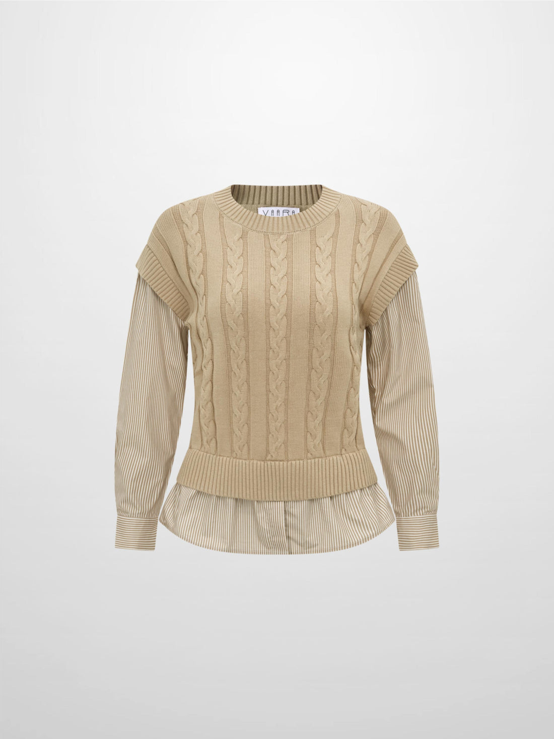 Striped Shirt Detail Sweater - Tan/Tan Stripe