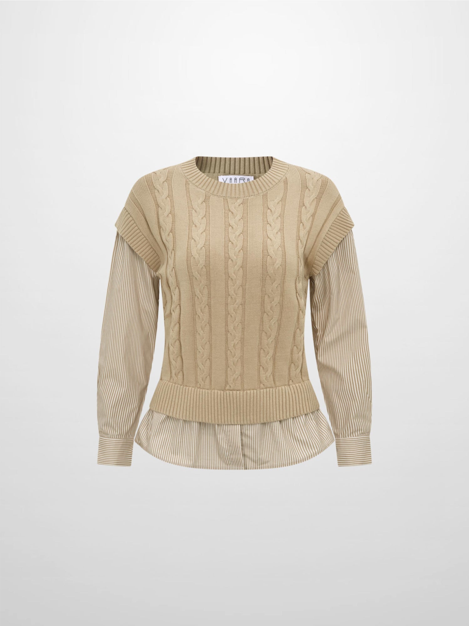 Striped Shirt Detail Sweater - Tan/Tan Stripe