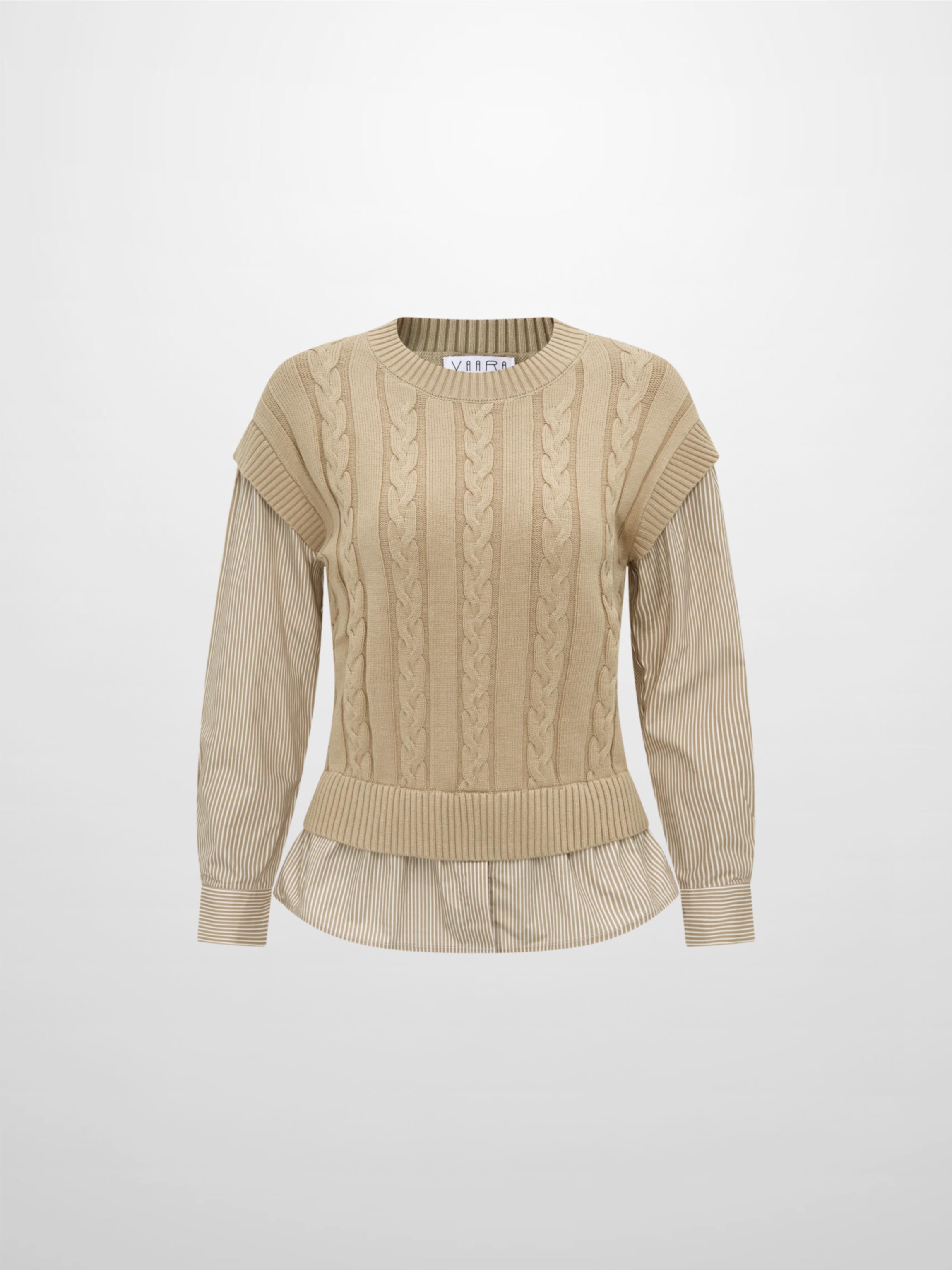 Striped Shirt Detail Sweater - Tan/Tan Stripe
