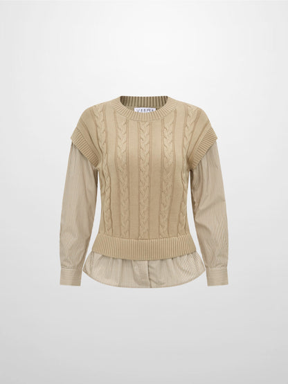 Striped Shirt Detail Sweater - Tan/Tan Stripe