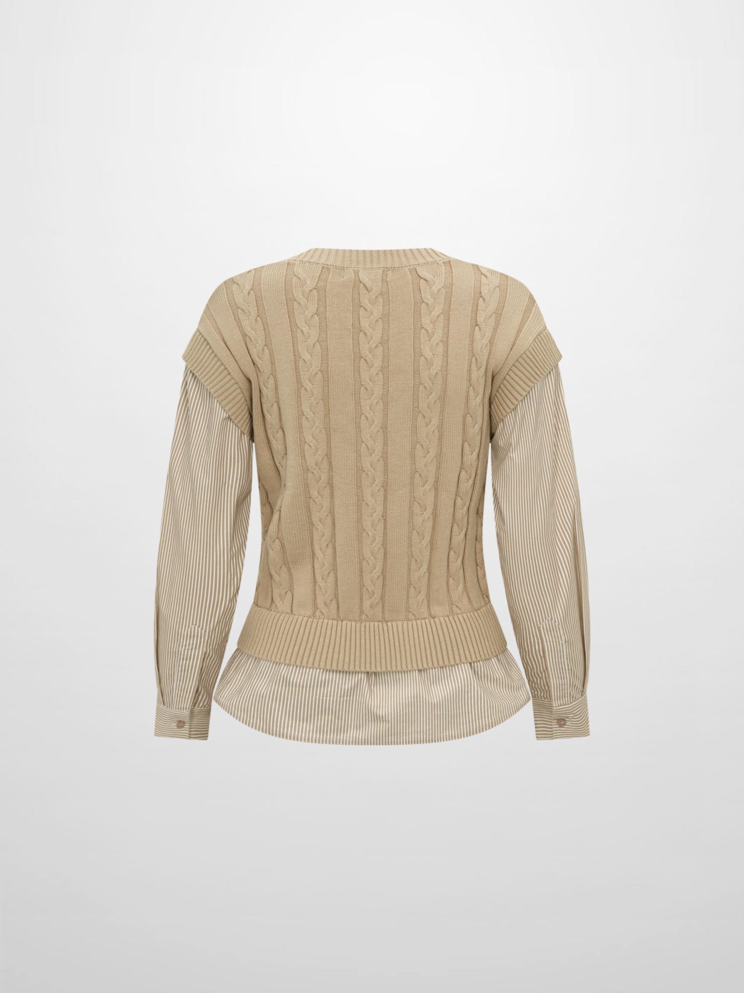 Striped Shirt Detail Sweater - Tan/Tan Stripe