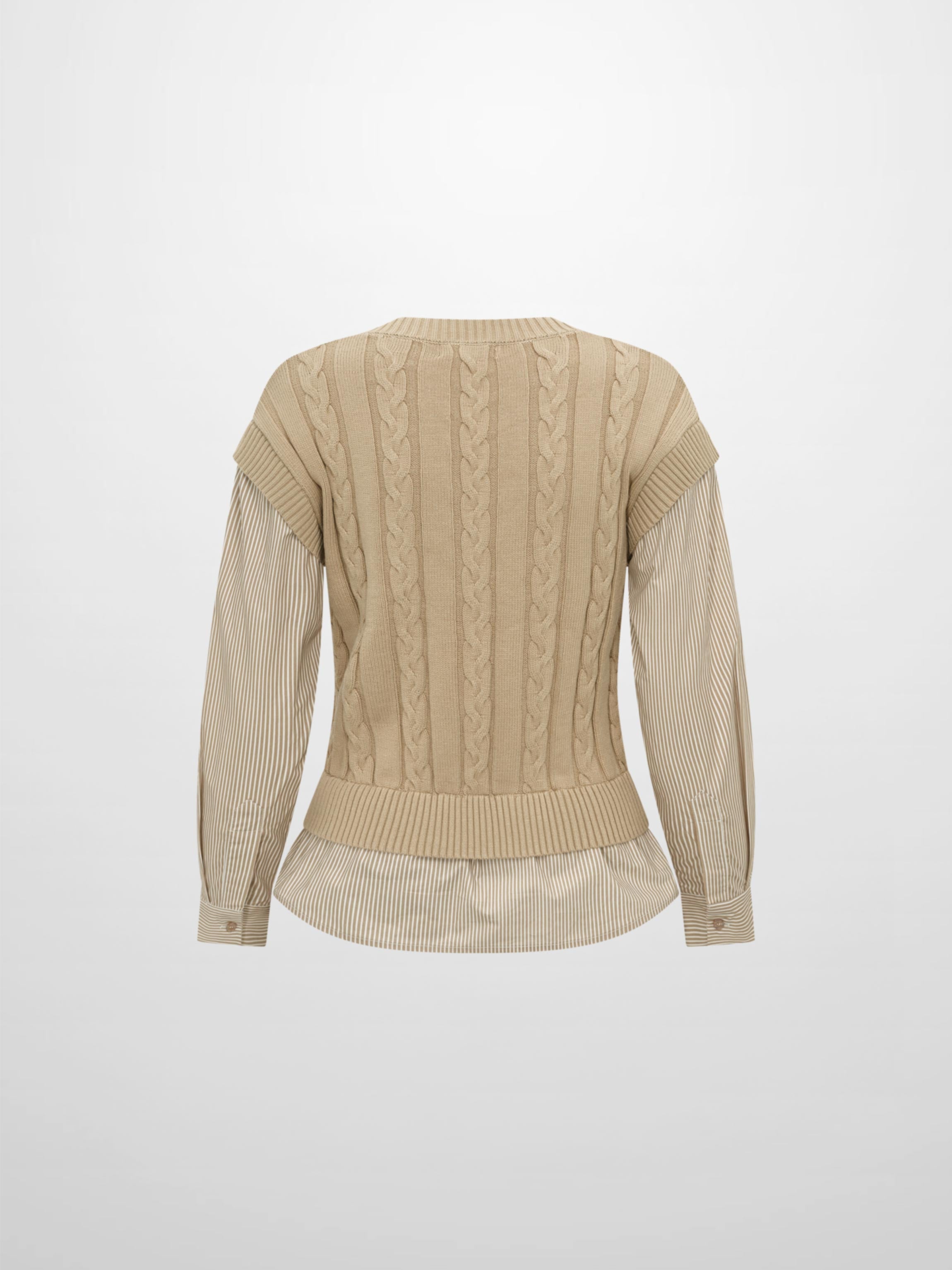 Striped Shirt Detail Sweater - Tan/Tan Stripe