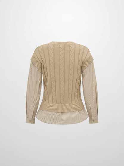 Striped Shirt Detail Sweater - Tan/Tan Stripe