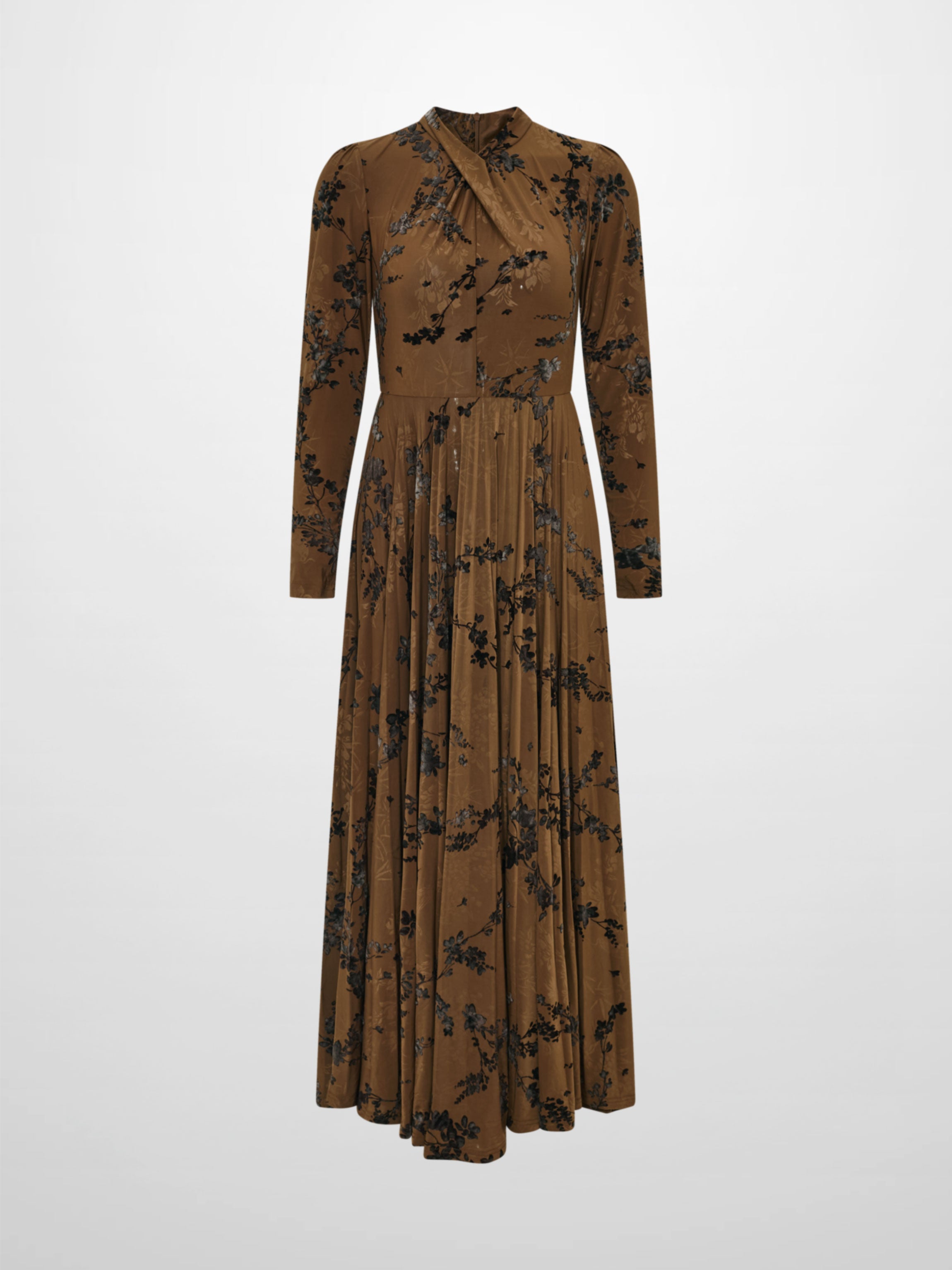 Front Knot Pleated Maxi Dress - Bronze/Black Floral