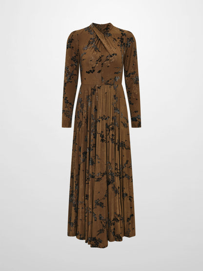 Front Knot Pleated Maxi Dress - Bronze/Black Floral