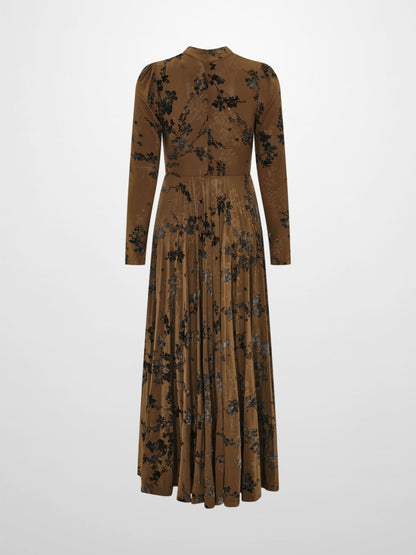 Front Knot Pleated Maxi Dress - Bronze/Black Floral