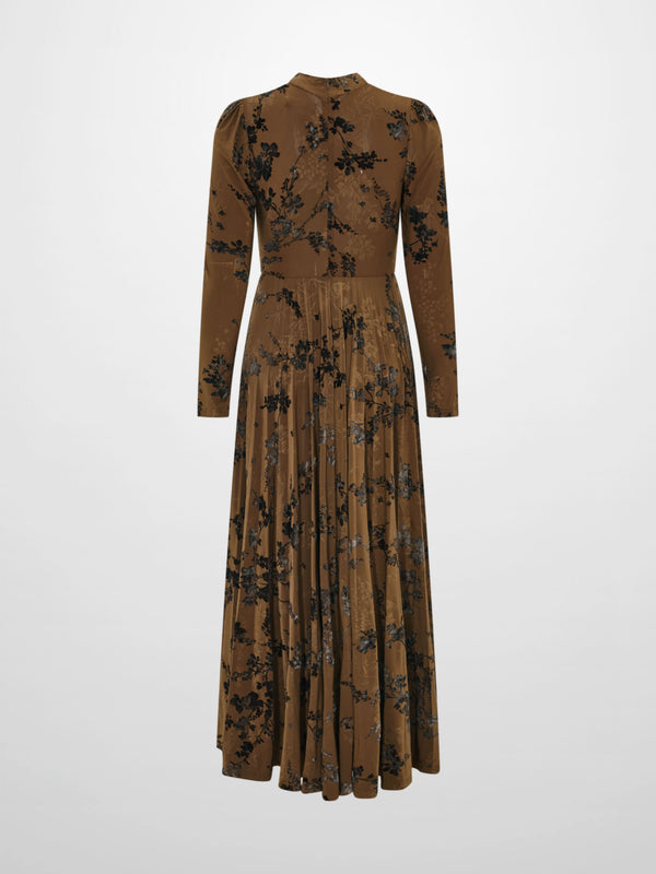Front Knot Pleated Maxi Dress - Bronze/Black Floral