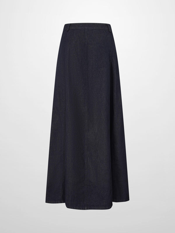 Seamed Full Denim Skirt-Dark Blue