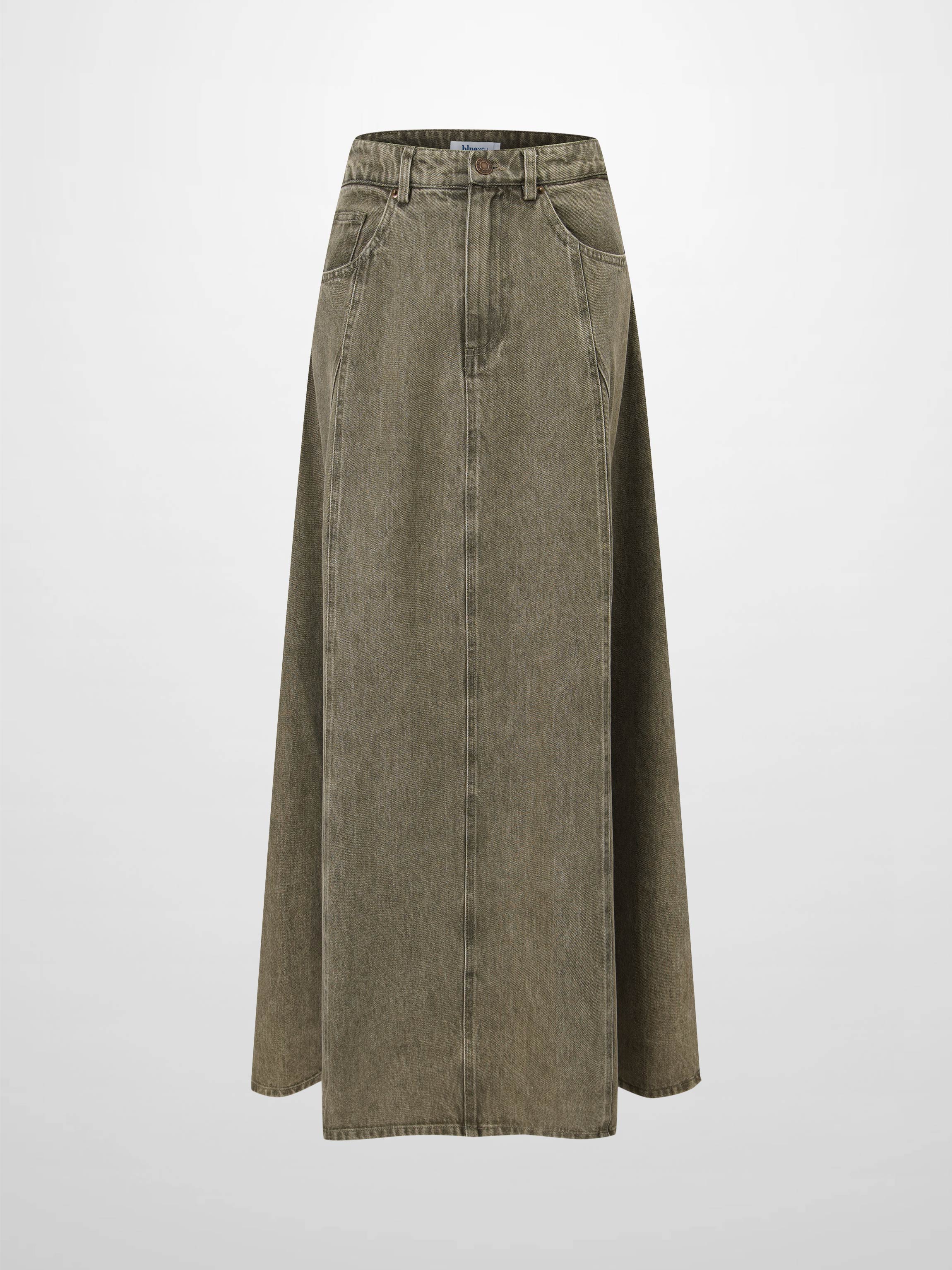 Seamed Full Denim Skirt-Olive