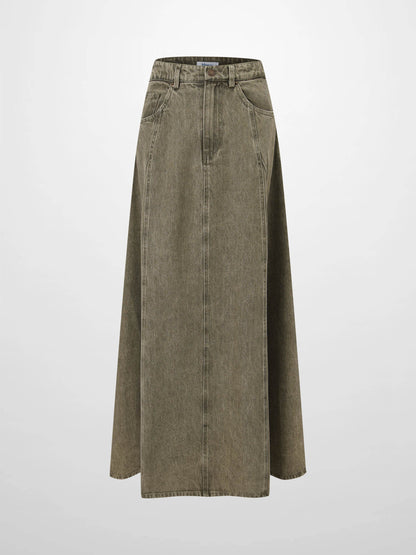 Seamed Full Denim Skirt-Olive