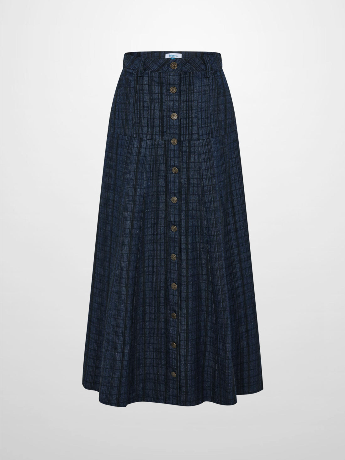 Drop Waist Button Down Printed Denim Skirt - Blue Plaid