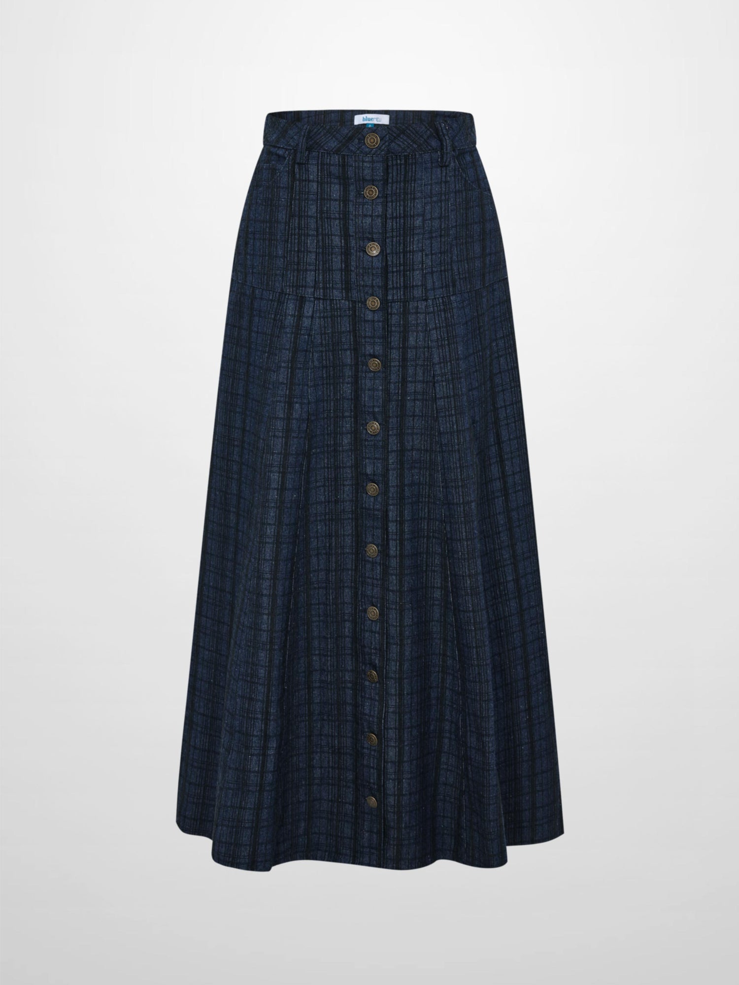 Drop Waist Button Down Printed Denim Skirt - Blue Plaid