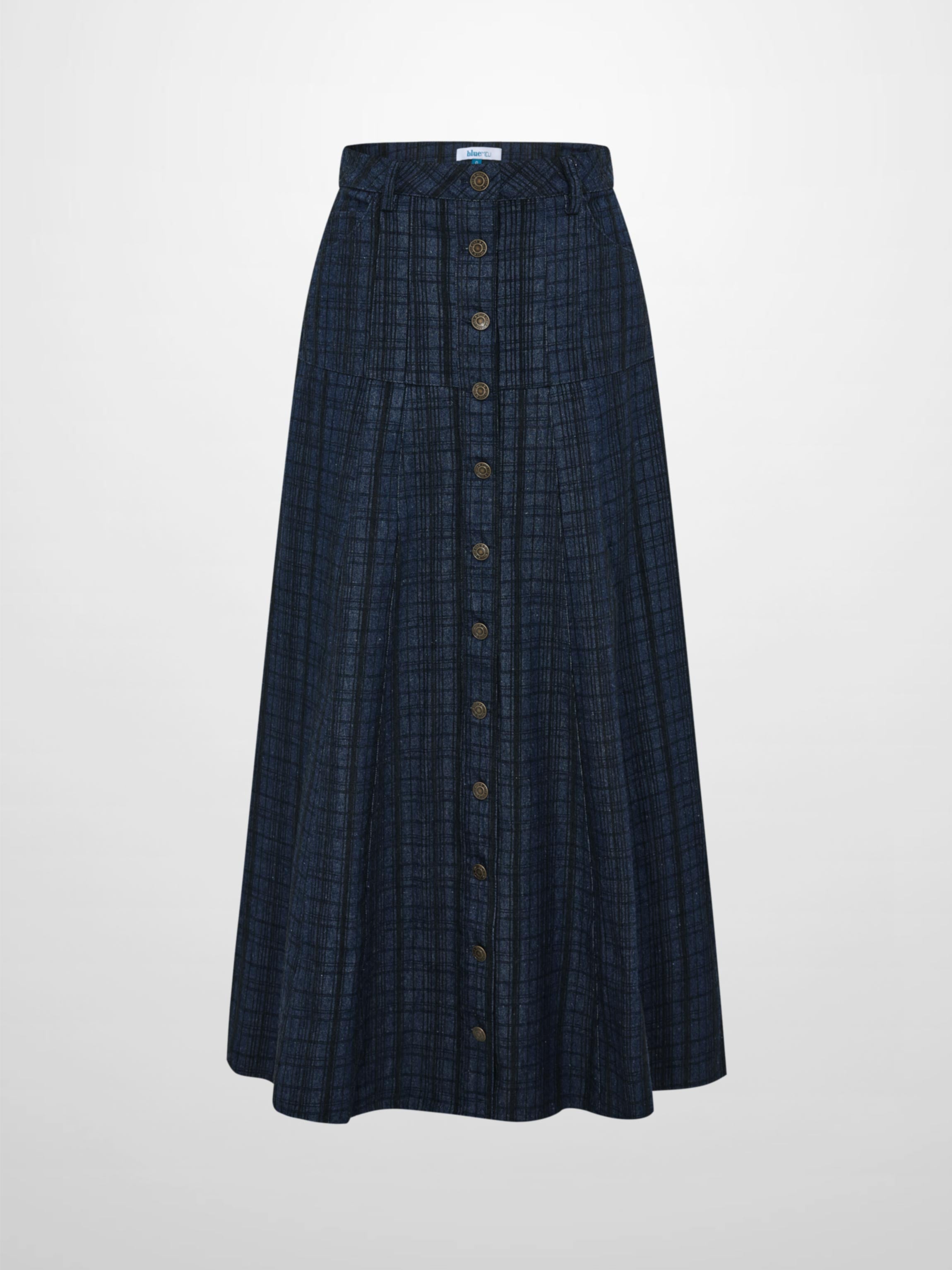 Drop Waist Button Down Printed Denim Skirt - Blue Plaid