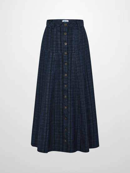 Drop Waist Button Down Printed Denim Skirt - Blue Plaid