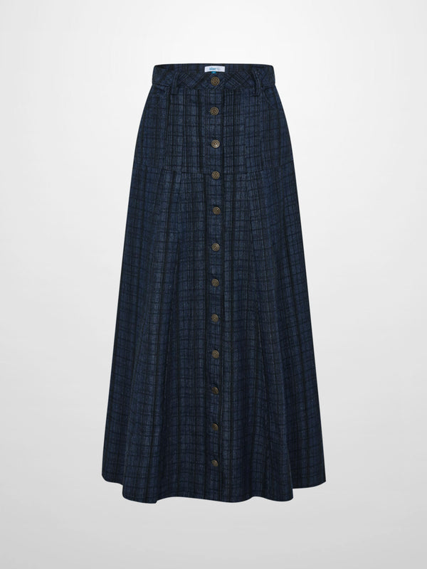 Drop Waist Button Down Printed Denim Skirt - Blue Plaid