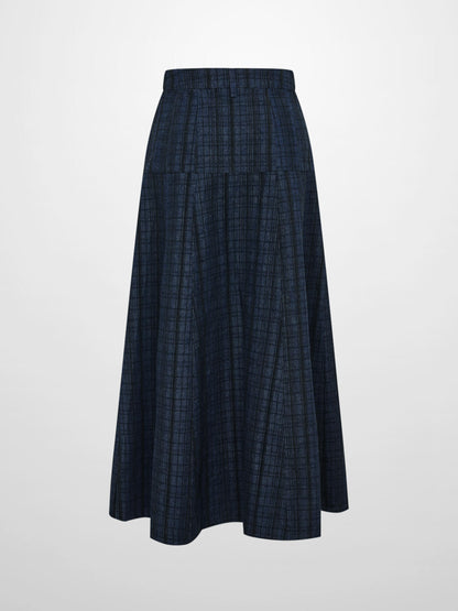 Drop Waist Button Down Printed Denim Skirt - Blue Plaid