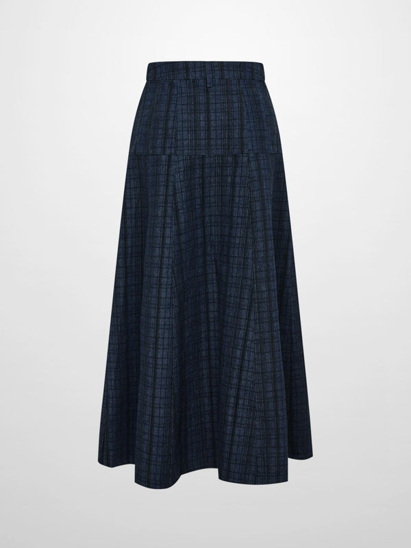 Drop Waist Button Down Printed Denim Skirt - Blue Plaid