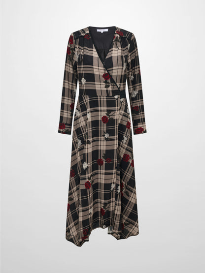 Handkerchief Hem Wrap Dress - Plaid/Floral