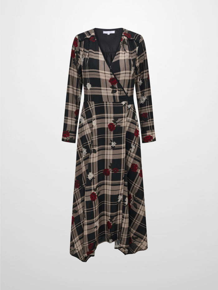 Handkerchief Hem Wrap Dress - Plaid/Floral