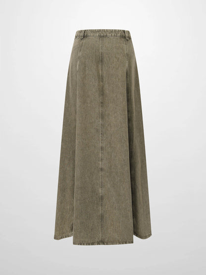 Seamed Full Denim Skirt-Olive