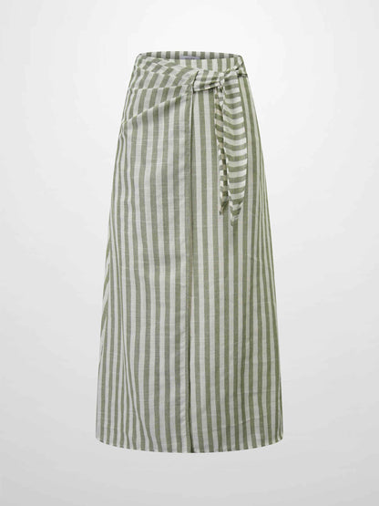 Faux Wrap Stripe Skirt-Green/Cream