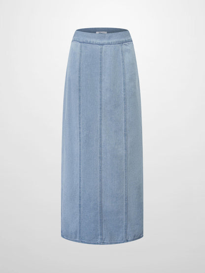 Seamed Straight Stretch Denim Skirt-Light Blue