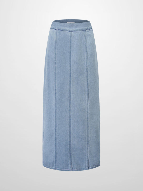 Seamed Straight Stretch Denim Skirt-Light Blue