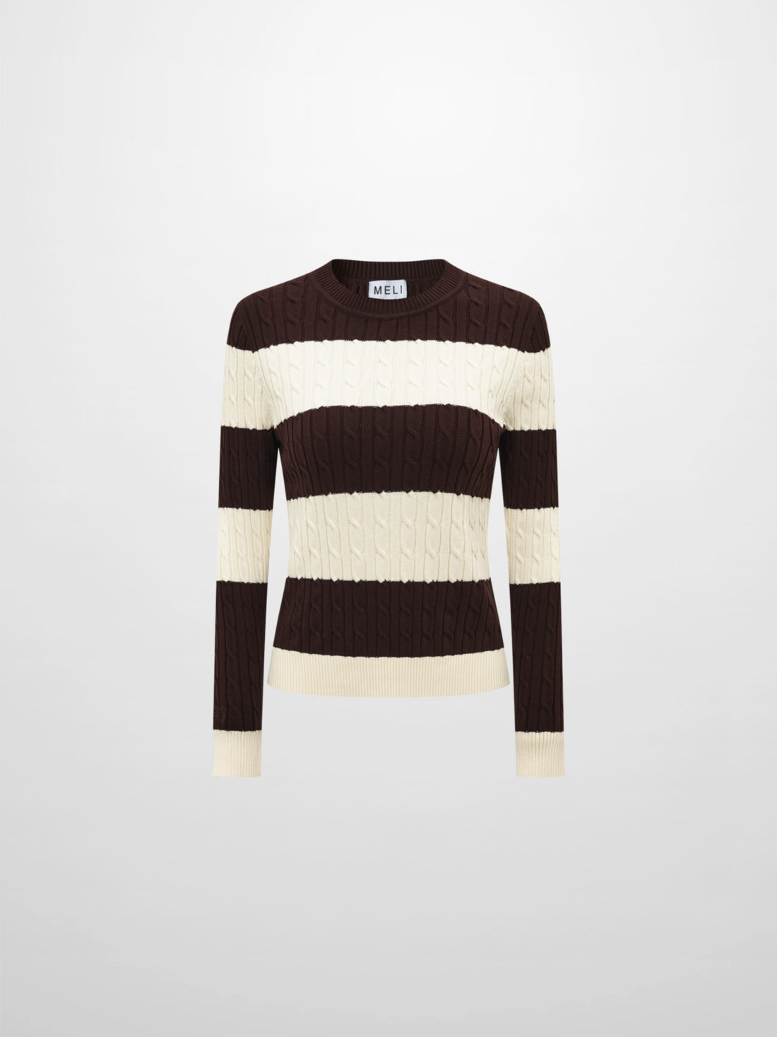 Wide Stripe Cable Knit Sweater - Cream/Brown