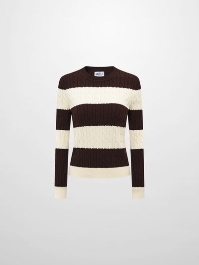 Wide Stripe Cable Knit Sweater - Cream/Brown