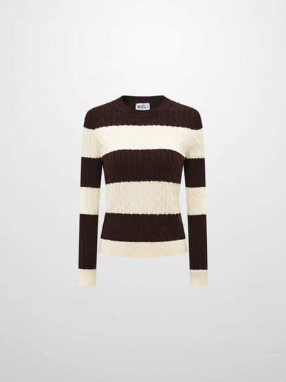 Wide Stripe Cable Knit Sweater - Cream/Brown